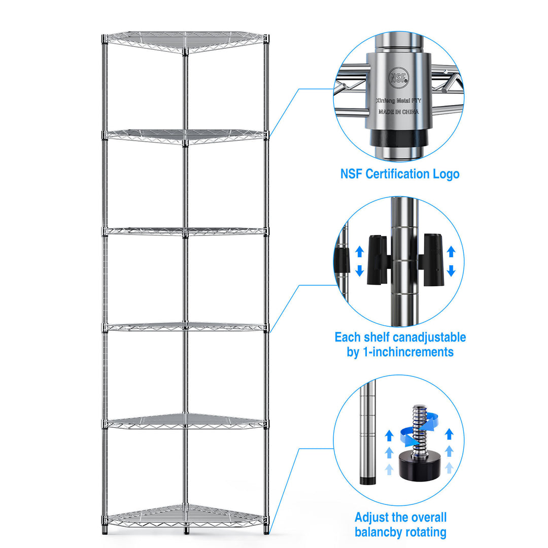 6 Tier Shelf Corner Wire Shelf Rack Pentagonal Shelves Adjustable Metal Heavy Duty Free Standing Corner Storage Display Chrome Rack for Bathroom, Living Room, Kitchen - Chrome