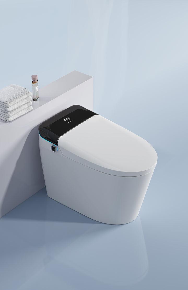 Smart toilet with auto flush, foot sensor flush, heated seat, warm water, warm air drying, remote Control