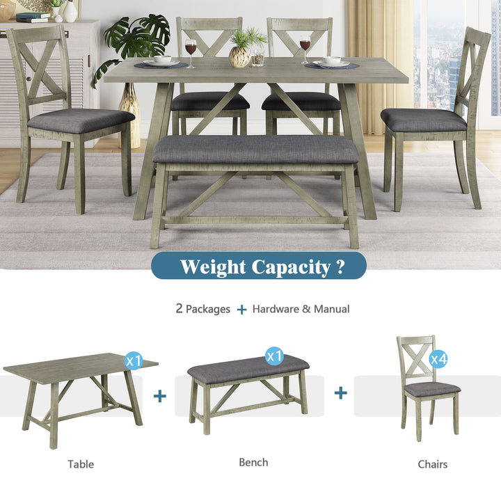 TOPMAX 6 Piece Dining Table Set Wood Dining Table and chair Kitchen Table Set with Table, Bench and 4 Chairs, Rustic Style, Gray(No Difference with SH000109AAE)