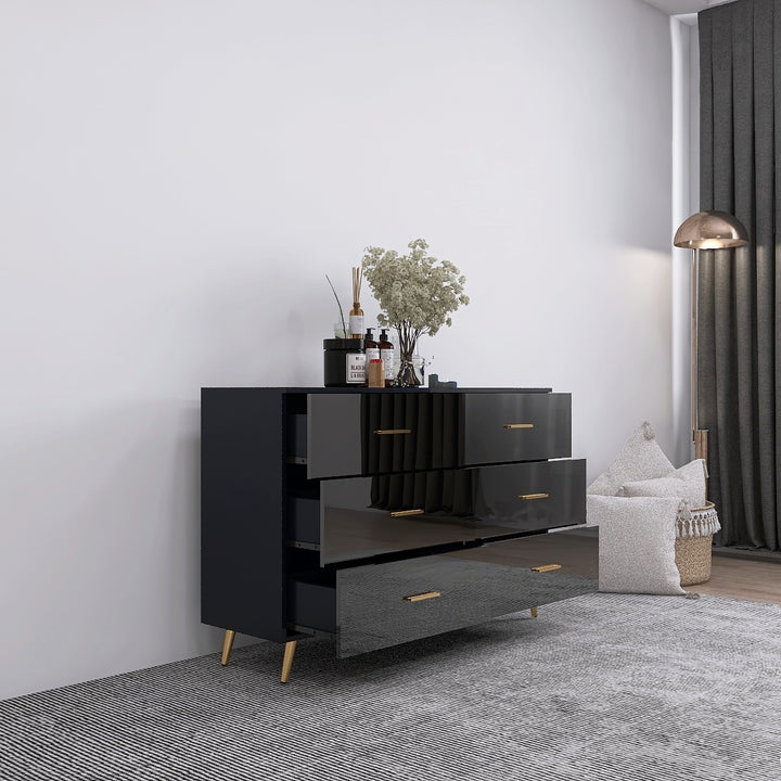 High Glossy Surface 6 Drawers Chest of Drawer with Golden Handle and Golden Steel Legs Black Color Vanity