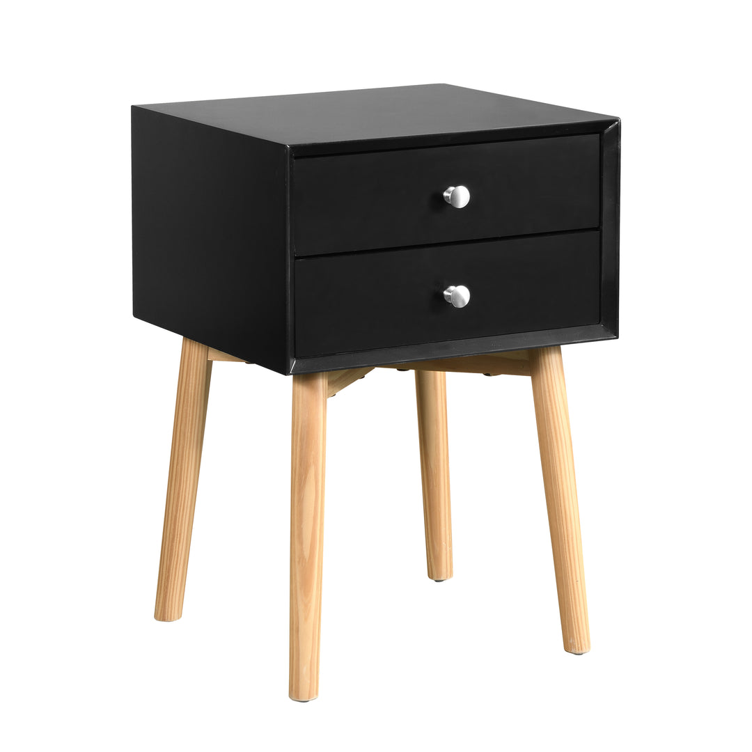 ZFZTIMBER Side Table,Bedside Table with 2 Drawers and Rubber Wood Legs, Mid-Century Modern Storage Cabinet for Bedroom Living Room, Black