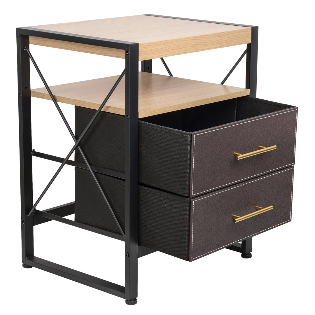 Nightstand with 2 Drawers with Removable Fabric Bins, for Bedroom, Living Room - Sturdy Iron Frame, Wood Top, Gold Pull Handle