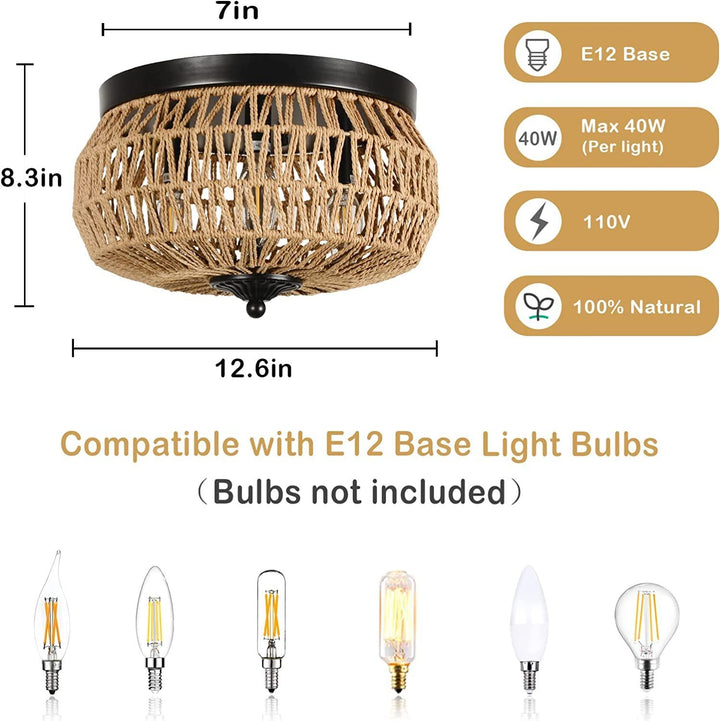 3-Lights Rattan Flush Mount  Light