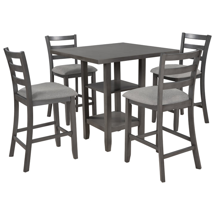 TREXM 5-Piece Wooden Counter Height Dining Set with Padded Chairs and Storage Shelving (Gray)