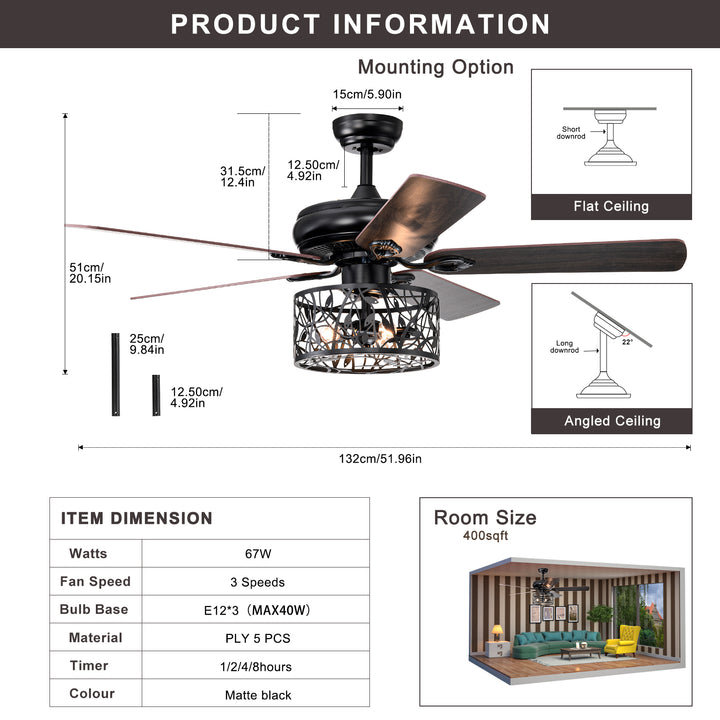 Farmhouse Industrial 52-inch Ceiling Fan (Optional Remote&2 Color Option Blades)  or Bedroom, Living Room, Dining Room