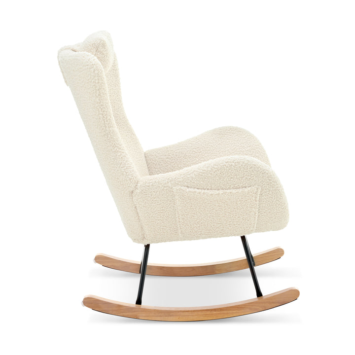 Rocking Chair Nursery, Teddy Upholstered Rocker Glider Chair with High Backrest, Adjustable Headrest & Pocket, Comfy Glider Chair for Nursery, Bedroom, Living Room, Offices, Rubber wood, beige