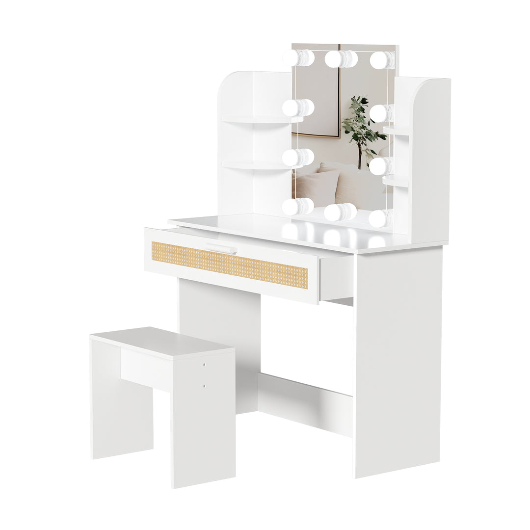 Vanity Desk Set Stool & Dressing Table with LED Lighting Mirror Drawer and Compartments Modern Wood Cosmetic Table Chest of Drawers White Color