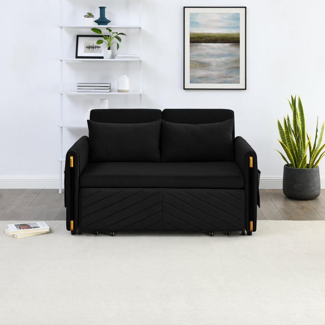 MH 54" Modern Convertible Sofa Bed with 2 Detachable Arm Pockets, Velvet Loveseat Sofa with Pull Out Bed, 2 Pillows and Living Room Adjustable Backrest, Grid Design Armrests, Black