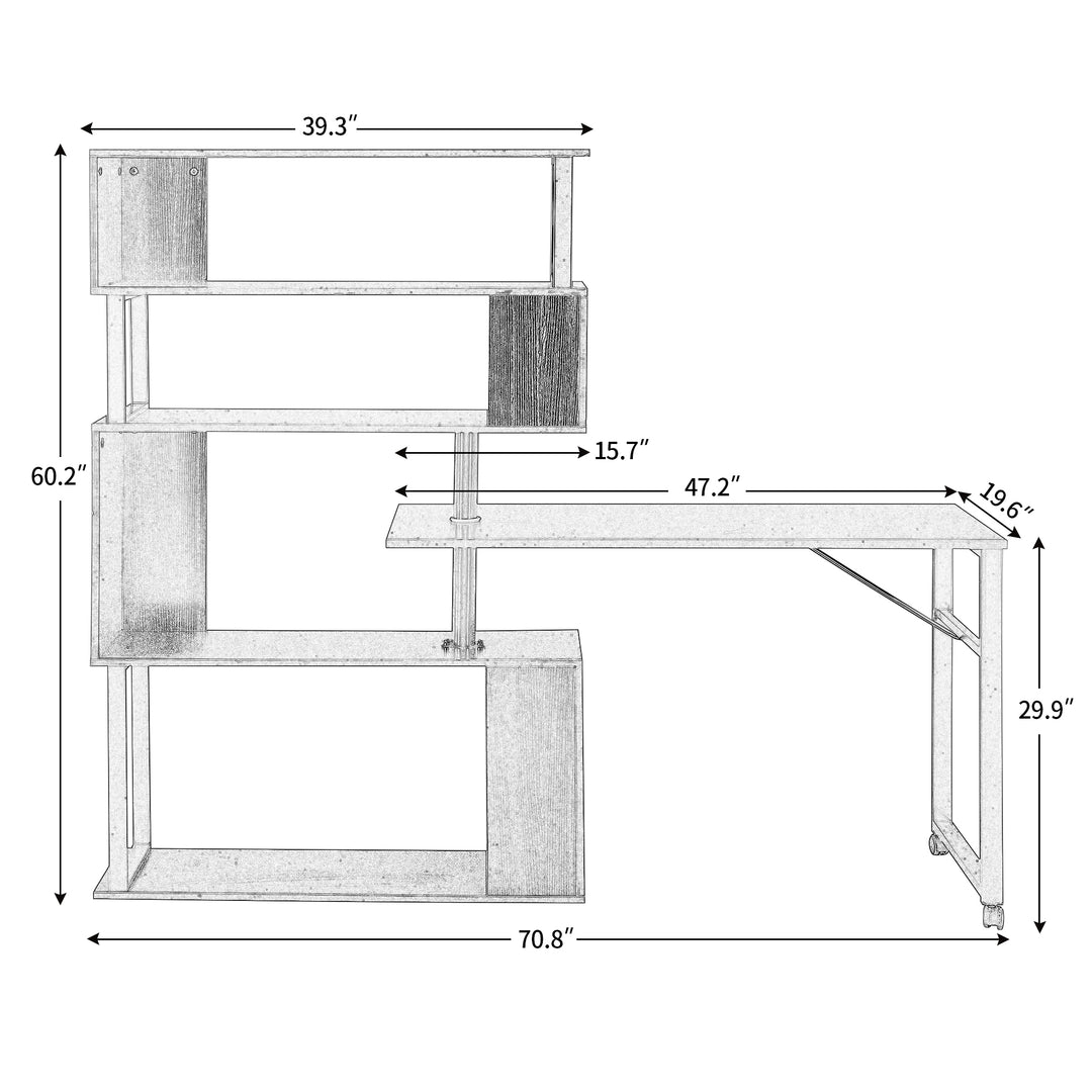 Home Office Computer Desk L-Shaped Corner Table, Rotating Computer Table with 5-Tier Bookshelf, Four Installation Methods, Lockable Casters (Black)