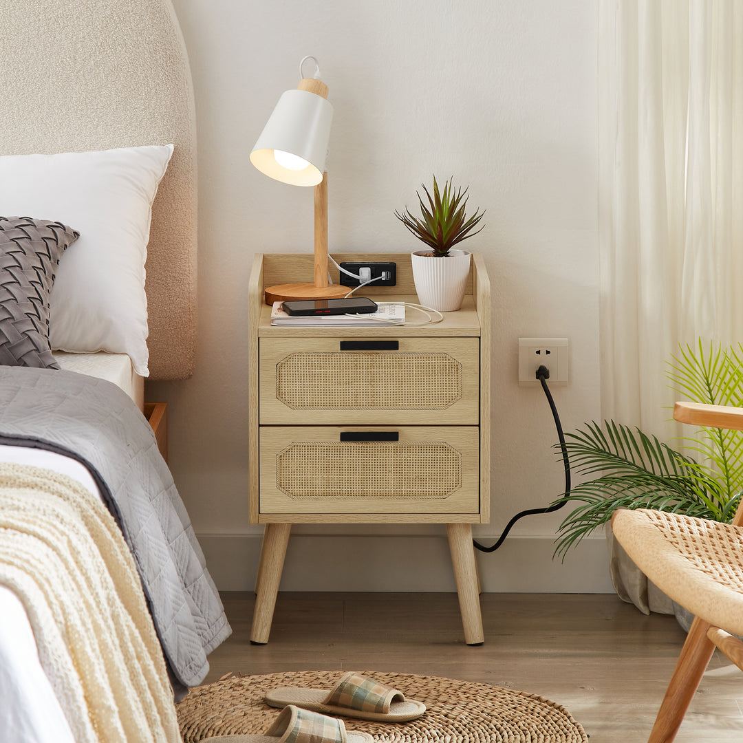 Rattan nightstand with socket side table natural handmade rattan（2PC,Natural ,15.55’’W*13.78’’D*23.82’’H）