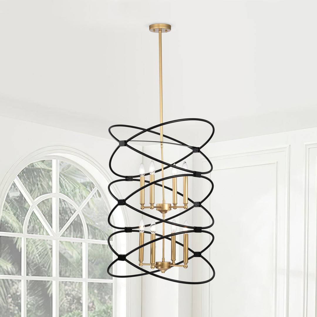 Transitional Gold/Matte Black Metal Chandelier Fixture, 8 lights, 2-Tier-Candle Ceiling Light for Living Room, Bedroom, Dining Room, Dimmable, E12, W23.6*H55