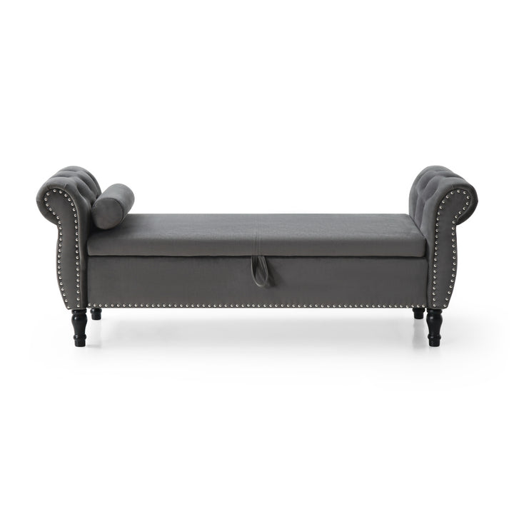 Aijia 63" Velvet Multifunctional Storage Rectangular Sofa Stool Buttons Tufted Nailhead Trimmed Solid Wood Legs with 1 Pillow,Grey