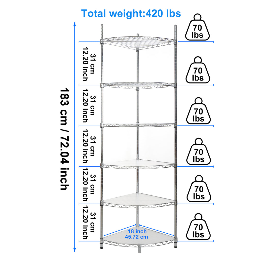 6 Tier Shelf Corner Wire Shelf Rack Adjustable Metal Heavy Duty Free Standing Corner Storage Display Chrome Rack for Bathroom, Living Room, Kitchen - Chrome