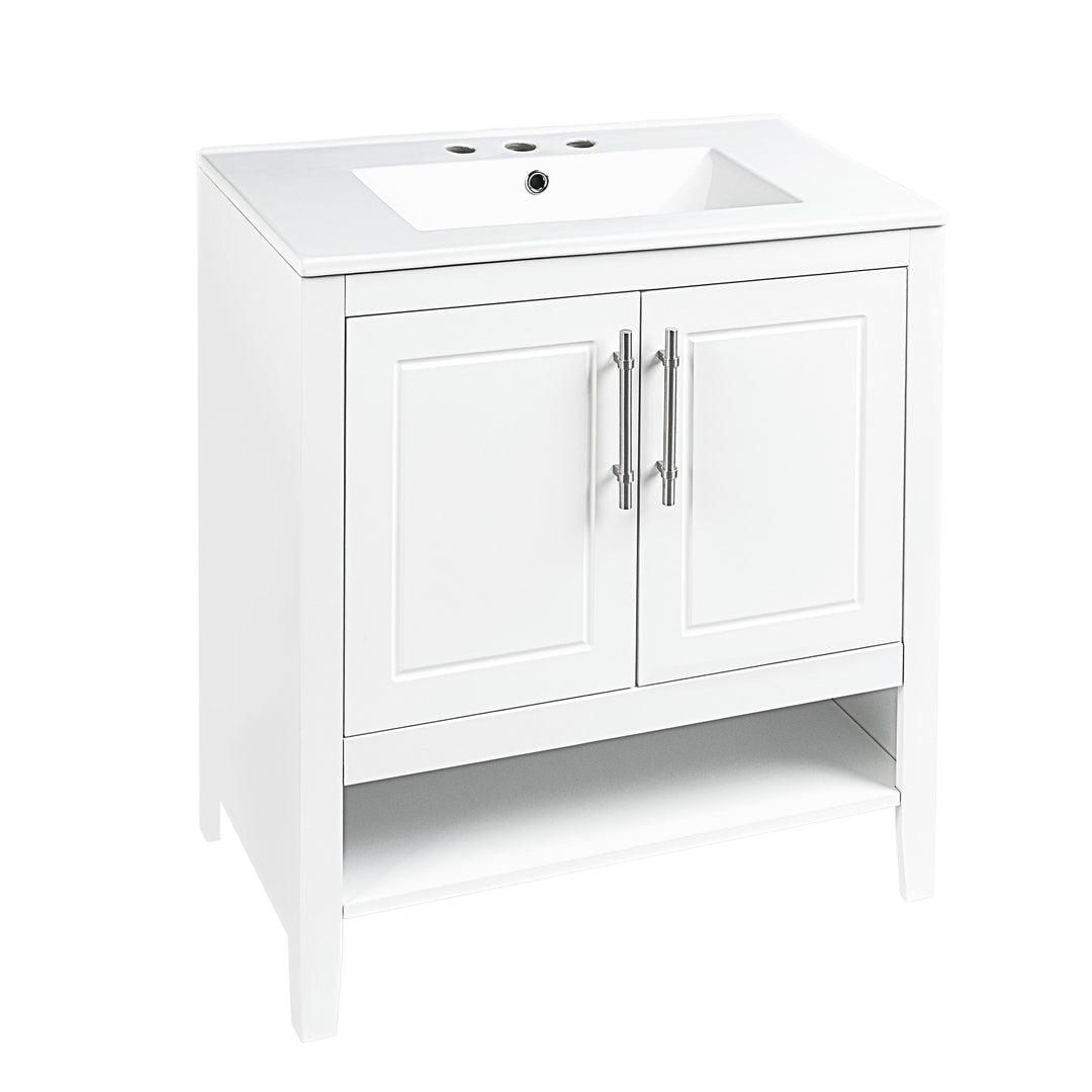 30" Bathroom Vanity with Sink, Multi-functional Bathroom Cabinet with Doors and Drawers, Solid Frame and MDF Board, White