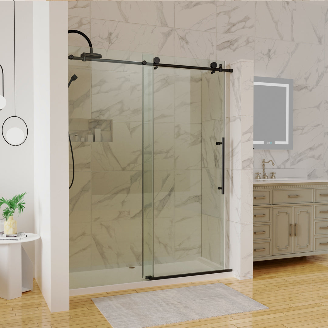 60 in. W x 74 in. H Sliding Frameless Shower Door in Matte Black with 5/16 in. (8 mm) Clear Glass