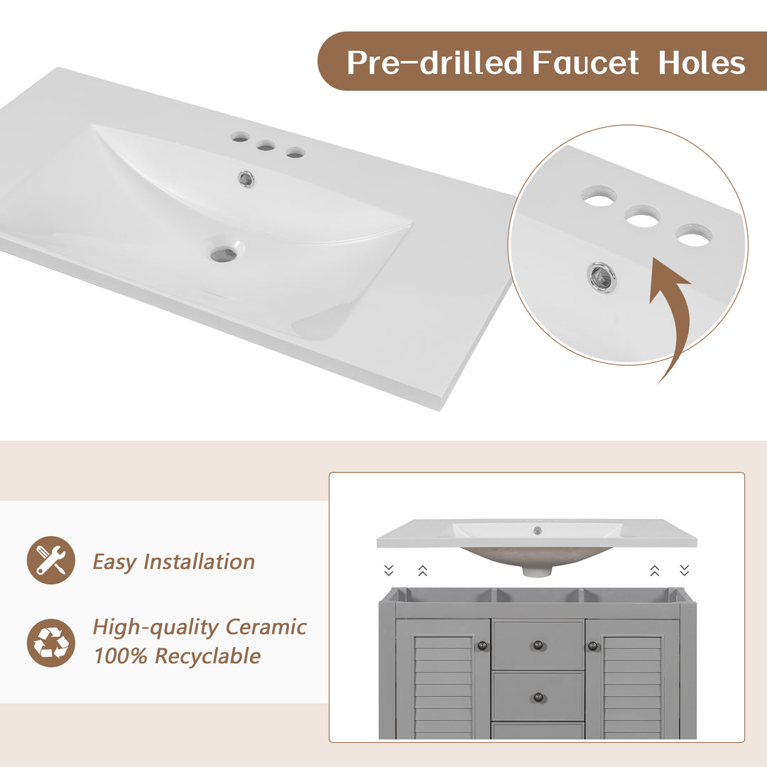 36" Bathroom Vanity with Ceramic Basin, Two Cabinets and Drawers, Open Shelf, Solid Wood Frame, Grey (OLD SKU: SY999101AAE)