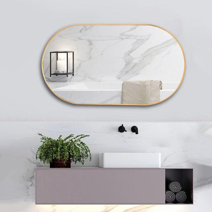 Wall Mounted Mirror, 36"x18" Oval Bathroom Mirror, Gold Vanity Wall Mirror w/ Stainless Steel Metal Frame & Pre-Set Hooks for Vertical & Horizontal Hang, Ideal for Bedroom, Bathroom