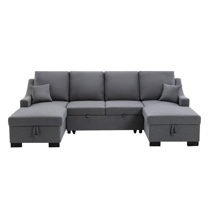 U_STYLE Upholstery Sleeper Sectional Sofa with Double Storage Spaces, 2 Tossing Cushions, Grey