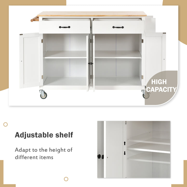 Kitchen Island Cart with Solid Wood Top and Locking Wheels,54.3 Inch Width,4 Door Cabinet and Two Drawers,Spice Rack, Towel Rack (White)