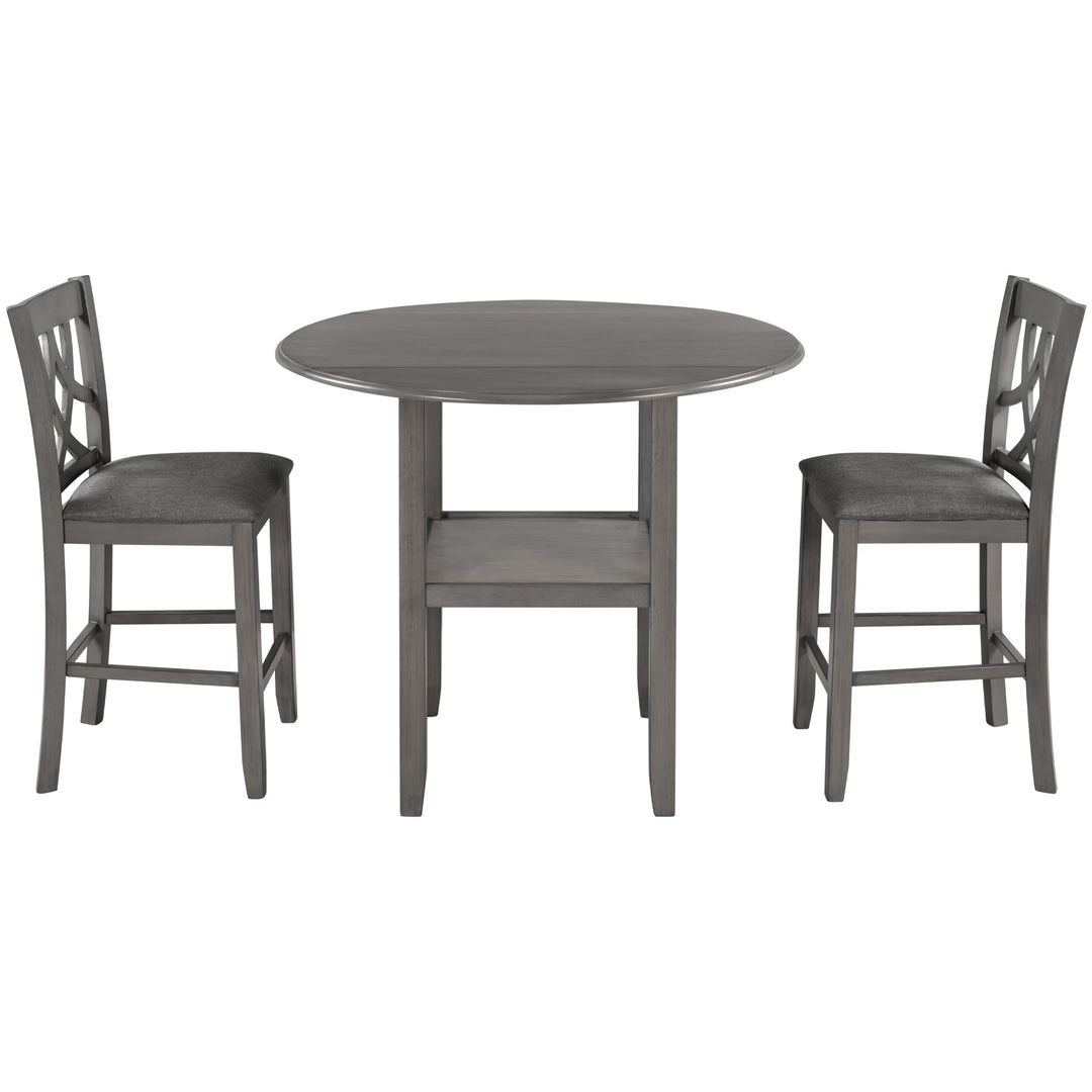 TOPMAX Farmhouse 3 Piece Round Counter Height Kitchen Dining Table Set with Drop Leaf Table, One Shelf and 2 Cross Back Padded Chairs for Small Places, Gray