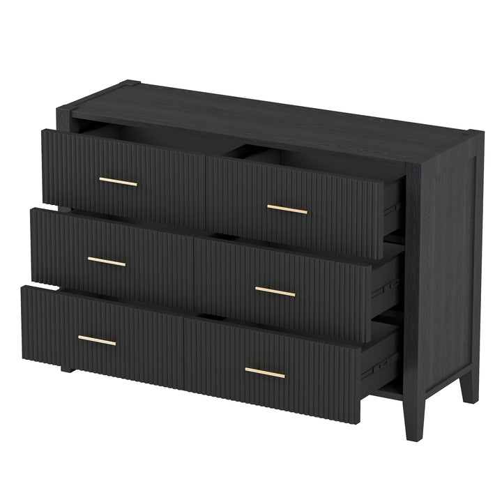 6 Drawer Dresser with Metal Handle for Bedroom, Storage Cabinet with Vertical Stripe Finish Drawer, Black(Passed ASTM F2057-23 Test)