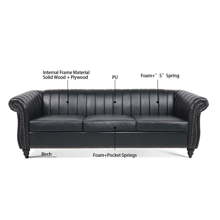 83.46'' Black PU Rolled Arm Chesterfield Three Seater Sofa.