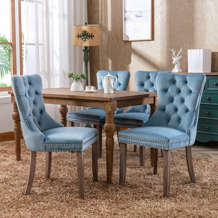 Nikki Collection Modern, High-end Tufted Solid Wood Contemporary Velvet Upholstered Dining Chair with Wood Legs Nailhead Trim 2-Pcs Set,Light Blue, SW2001LB