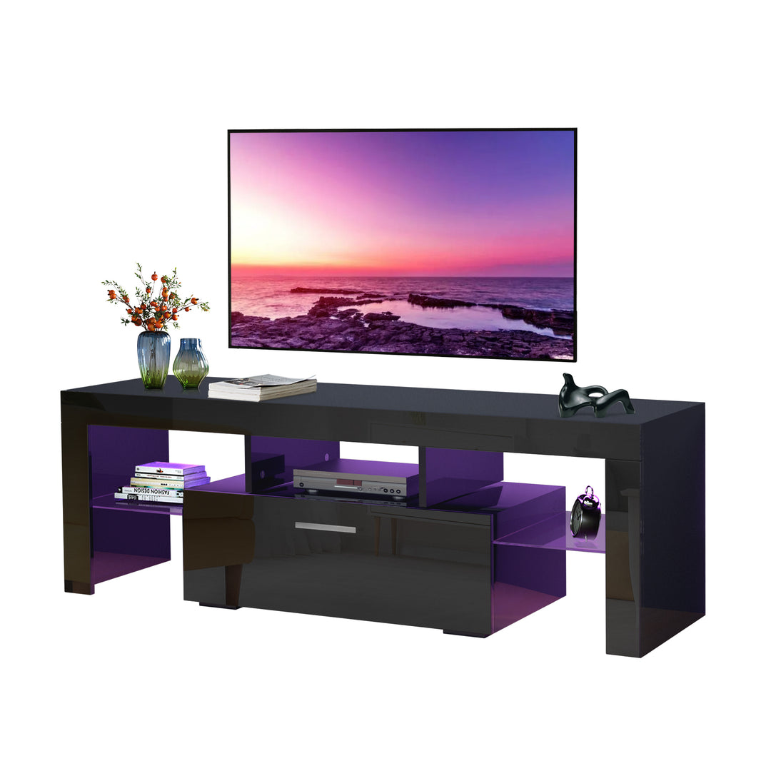 FashionTVstandTVcabinet,EntertainmentCenter,TVstationTV console,media console,with LEDlight belt,light belt remote control,toughenedglassshelf,metal handle,Canbeplaced in the living room,bedroom,black