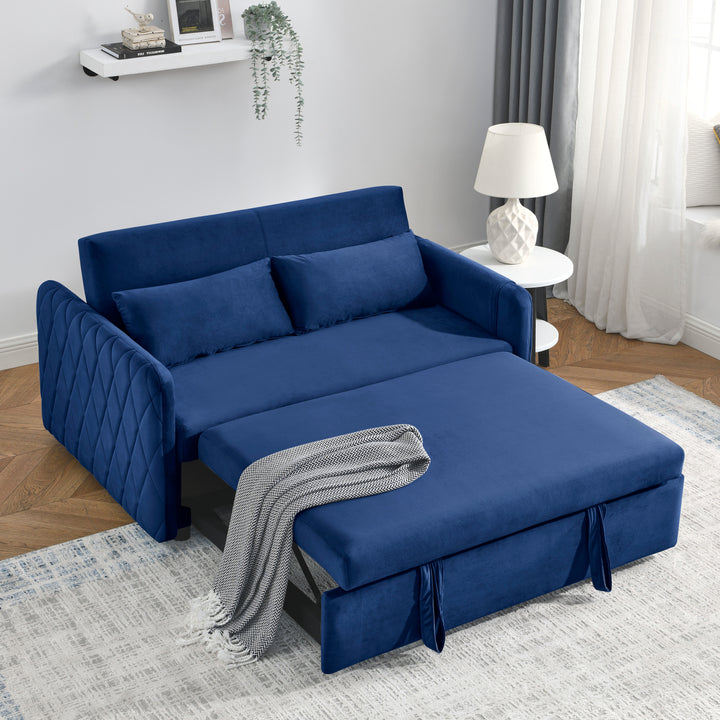 55" Modern Convertible Sofa Bed with 2 Detachable Arm Pockets, Velvet Loveseat Sofa with Pull Out Bed, 2 Pillows and Living Room Adjustable Backrest, Grid Design Armrests