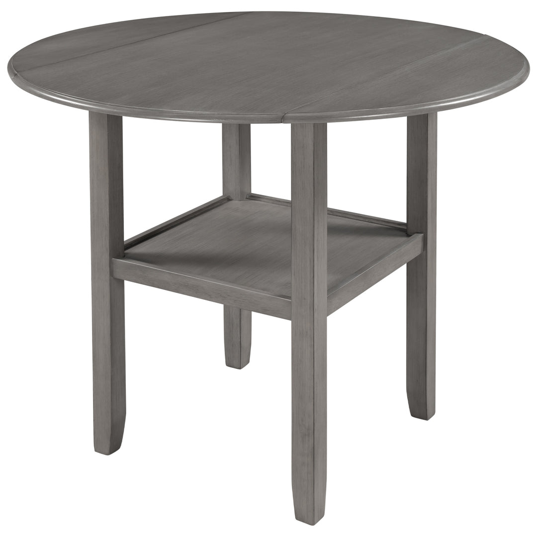 TOPMAX Farmhouse 3 Piece Round Counter Height Kitchen Dining Table Set with Drop Leaf Table, One Shelf and 2 Cross Back Padded Chairs for Small Places, Gray