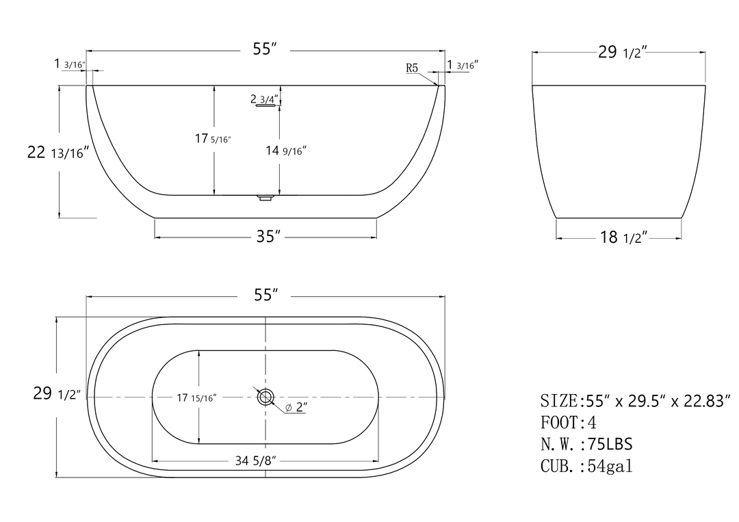 55" Acrylic Free Standing Tub - Classic Oval Shape Soaking Tub, Adjustable Freestanding Bathtub with Integrated Slotted Overflow and Chrome Pop-up Drain Anti-clogging Gloss White