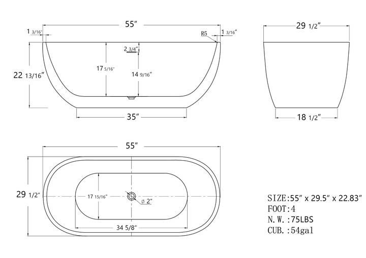 55" Acrylic Free Standing Tub - Classic Oval Shape Soaking Tub, Adjustable Freestanding Bathtub with Integrated Slotted Overflow and Chrome Pop-up Drain Anti-clogging Gloss White