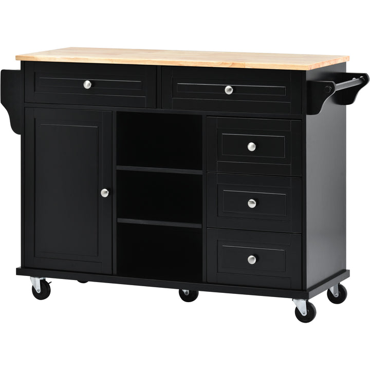 Kitchen cart with Rubber wood desktop rolling mobile kitchen island with storage and 5 draws 53 Inch length (Black)