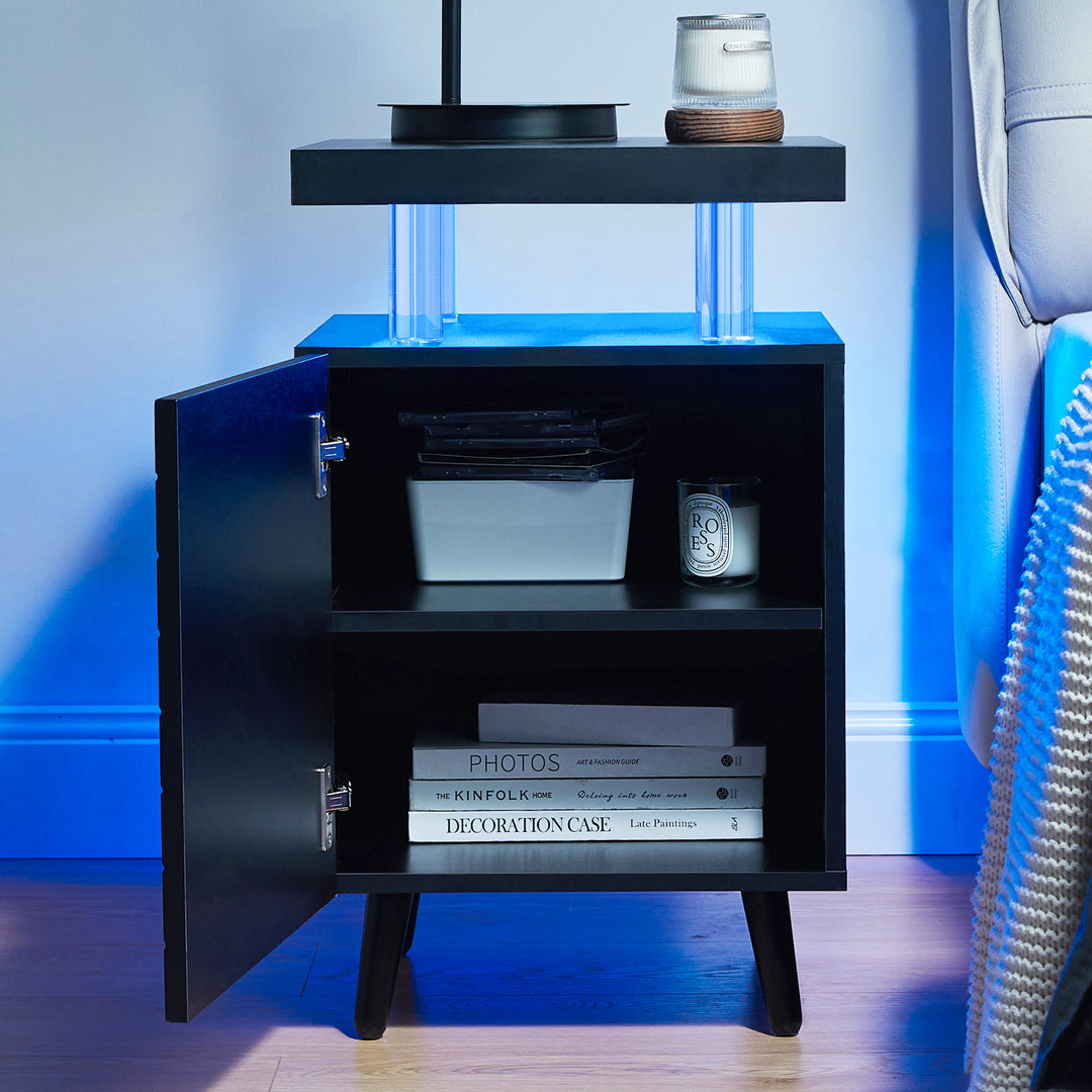 LED Nightstand LED Bedside Table End Tables Living Room with 4 Acrylic Columns, Bedside Table with Drawers for Bedroom Black