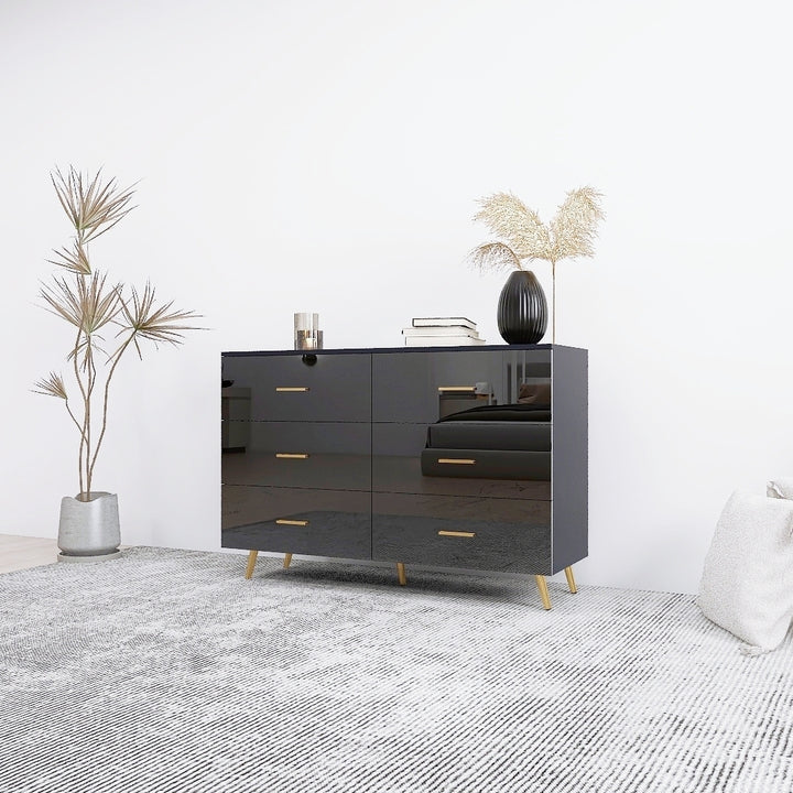 High Glossy Surface 6 Drawers Chest of Drawer with Golden Handle and Golden Steel Legs Black Color Vanity