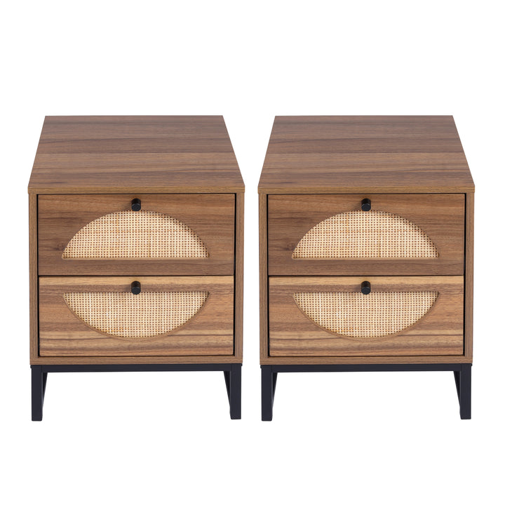 Rattan Nightstand Set of 2, Walnut End Table with 2 Natural Rattan Drawer & Metal Legs