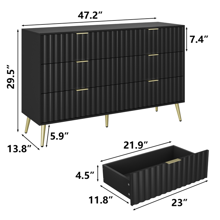 Black Modern 6 Drawers for Living Room for Hallway with Gold Handles Bedroom Chest of Drawers