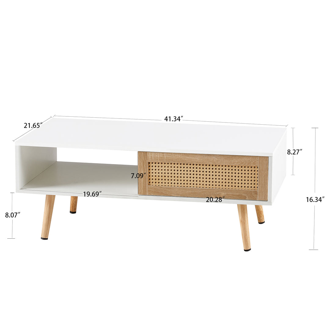 41.34" Rattan Coffee table, sliding door for storage, solid wood legs, Modern table  for living room ,White