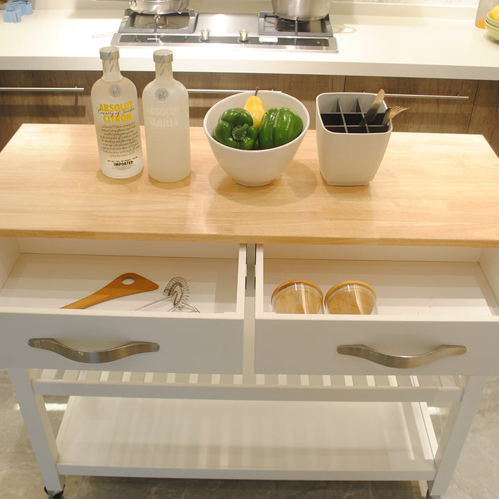 Kitchen Island & Kitchen Cart, Rubber Wood Top, Mobile Kitchen Island with Two Lockable Wheels, Simple Design for Easy Storing and Fetching, Two Drawers Give Unique Storage for Special Utensil.