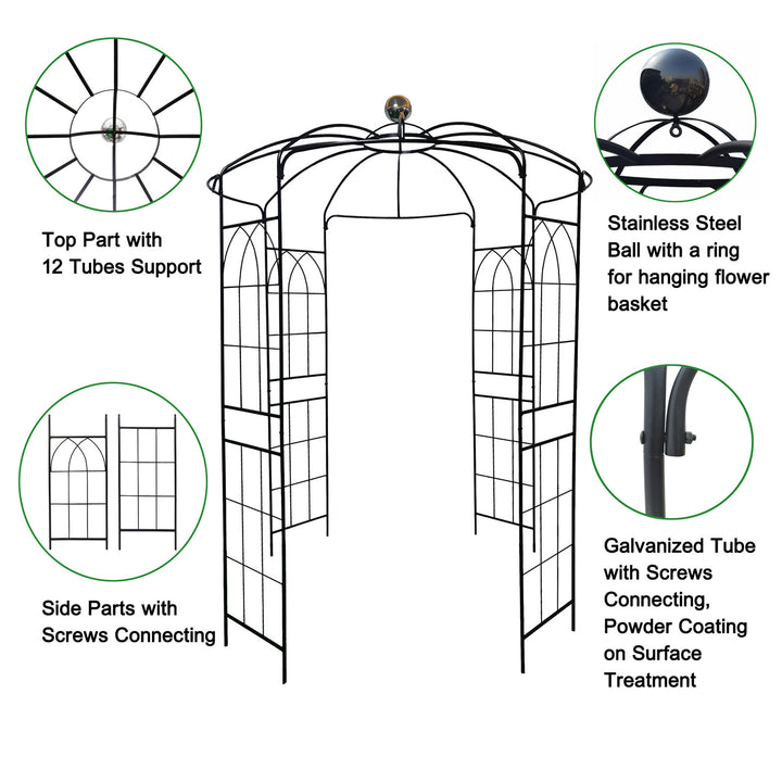 Metal Garden Arch Iron Garden Arbors Gazebo Dia81.3'' x 114.2'' High Birdcage Shape Pergola Pavilion for Wedding Ceremony
Outdoor Black