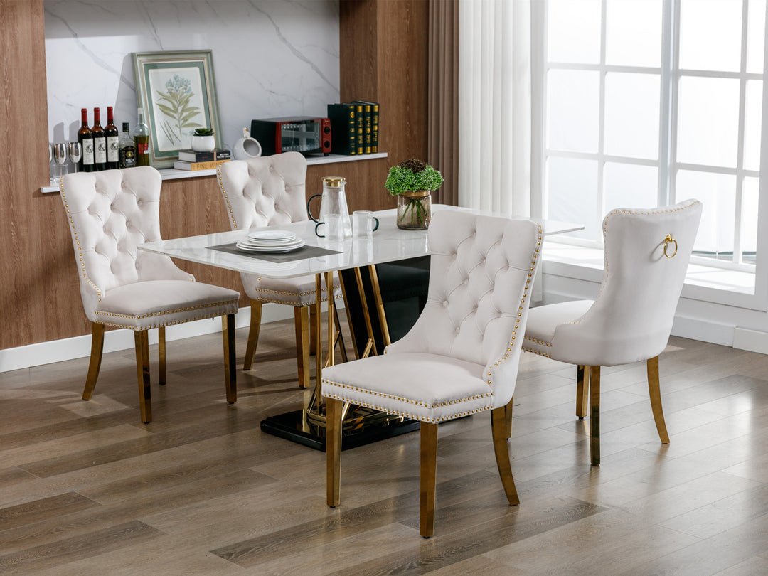 A&A Furniture,Nikki Collection Modern, High-end Tufted Solid Wood Contemporary Velvet Upholstered Dining Chair with Golden Stainless Steel Plating Legs,Nailhead Trim,Set of 2,Beige and Gold, SW1601BG