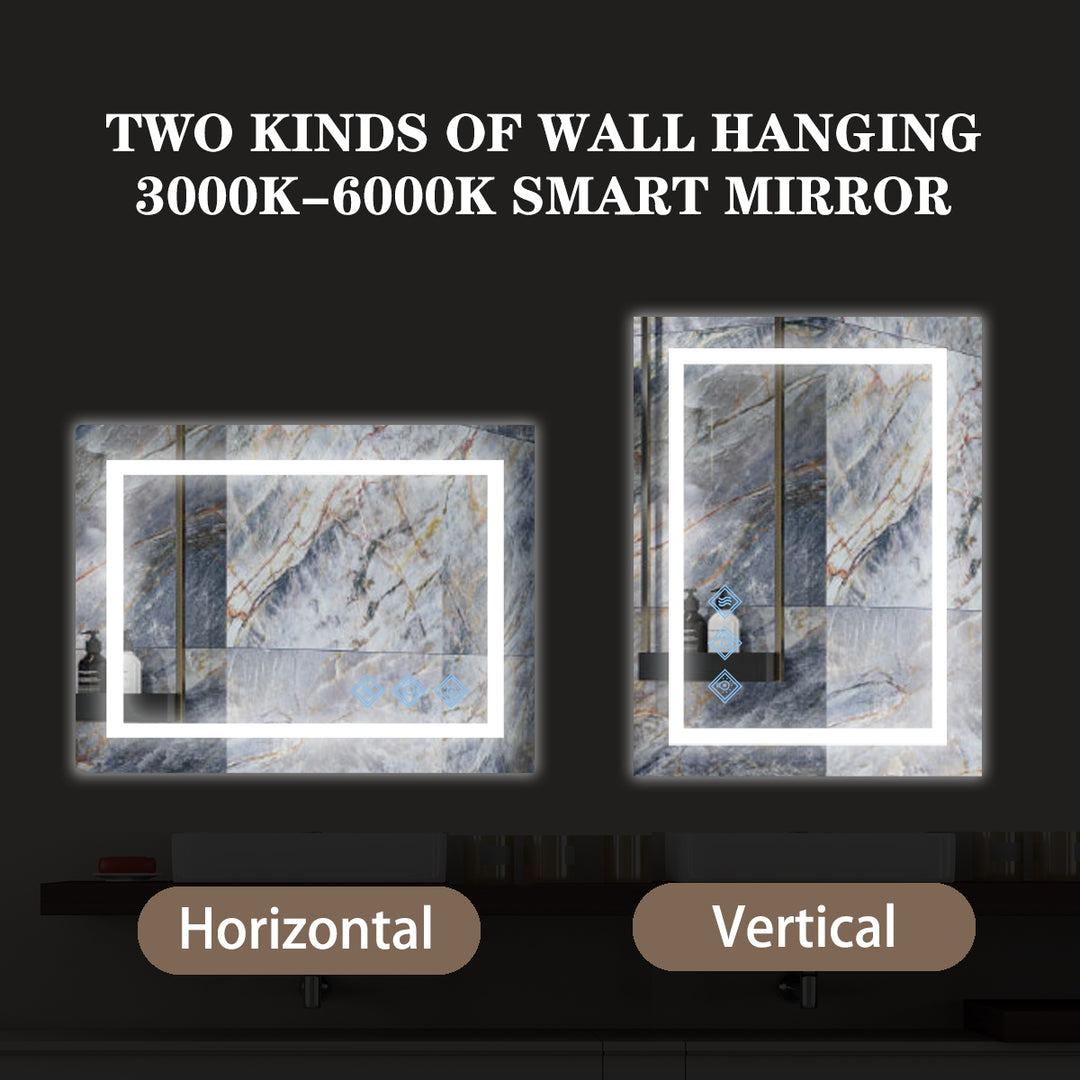 32x24inch Glossy Brushed Silver 3000-6000K LED Bathroom Mirror With Lights,Anti-Fog Dimmable Lighted Wall Mounted Vanity Mirror Master Bath Modern Makeup(Only mirrors, not cabinets)Horizontal&Vertical