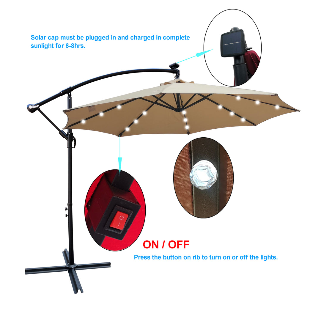 Tan 10 ft Outdoor Patio Umbrella Solar Powered LED Lighted Sun Shade Market Waterproof 8 Ribs Umbrella with Crank and Cross Base for Garden Deck Backyard Pool Shade Outside Deck Swimming Pool