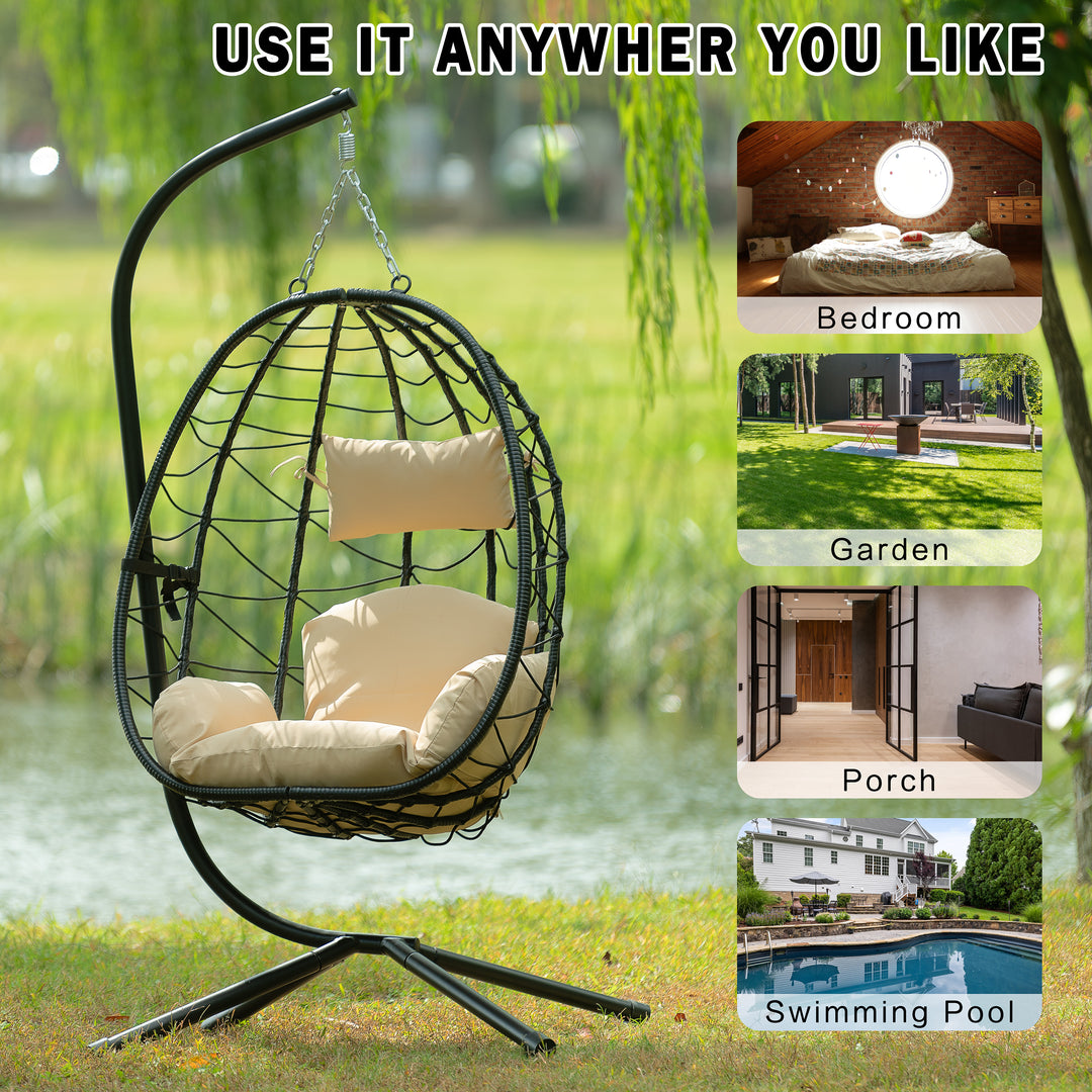 Egg Chair with Stand Indoor Outdoor Swing Chair Patio Wicker Hanging Egg Chair Hanging Basket Chair Hammock Chair with Stand for Bedroom Living Room Balcony