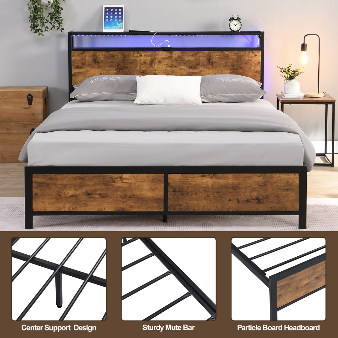 Industrial Full Bed Frame with LED Lights and 2 USB Ports, Bed Frame Full Size with Storage, Noise Free, No Box Spring Needed, Rustic Brown