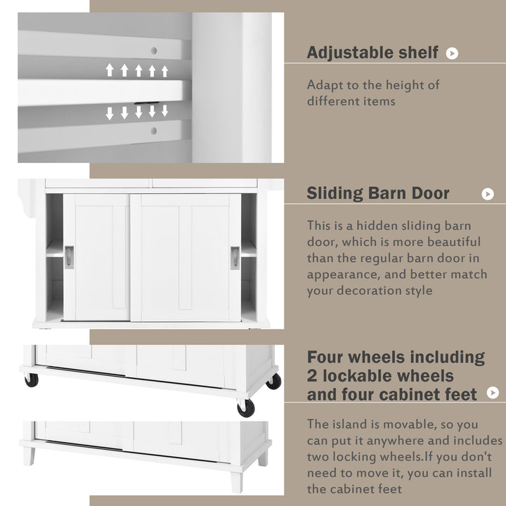 Kitchen Cart with Rubber wood Drop-Leaf Countertop, Concealed sliding barn door adjustable height,Kitchen Island on 4 Wheels with Storage Cabinet and 2 Drawers,L52.2xW30.5xH36.6 inch, White