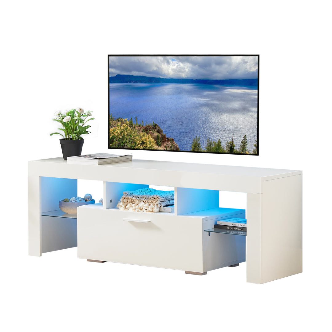 FashionTVstandTVcabinet,EntertainmentCenter,TVstationTV console,media console,with LEDlight belt,light belt remote control,toughenedglassshelf,metal handle,Canbeplaced in the living room,bedroom,white