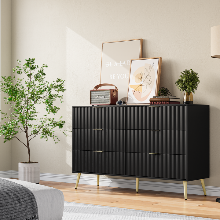 Black Modern 6 Drawers for Living Room for Hallway with Gold Handles Bedroom Chest of Drawers