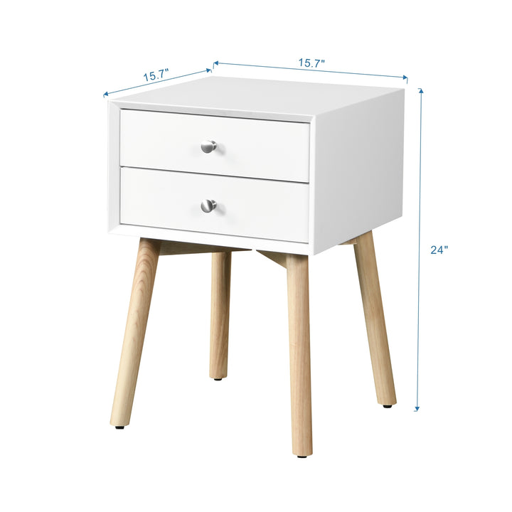 ZFZTIMBER Side Table,Bedside Table with 2 Drawers and Rubber Wood Legs, Mid-Century Modern Storage Cabinet for Bedroom Living Room, White