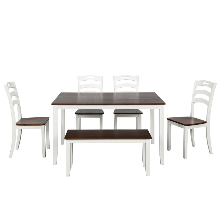 TOPMAX 6 Piece Dining Table Set with Bench, Table Set with Waterproof Coat, Ivory and Cherry